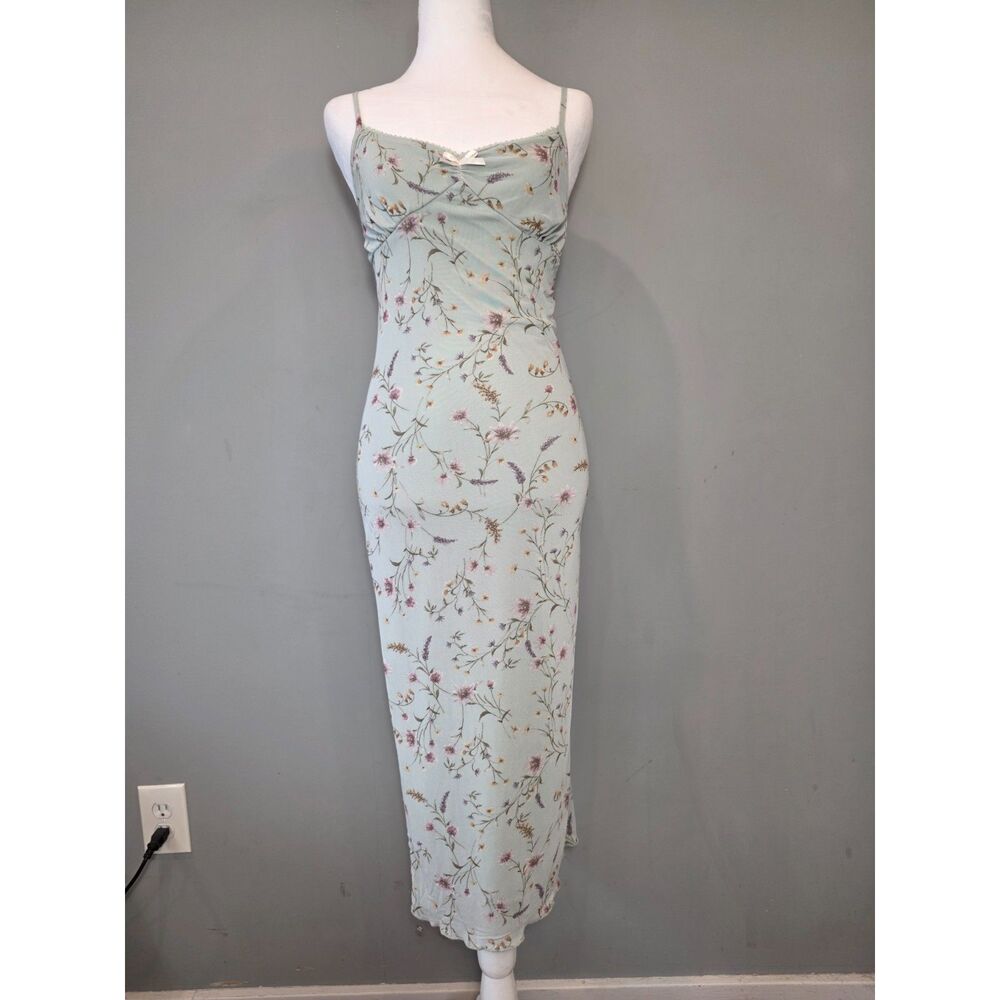 Y2K Fairy Spaghetti Strap Slip Dress Sage Green Floral Sz SM Midi Coquette Sexy